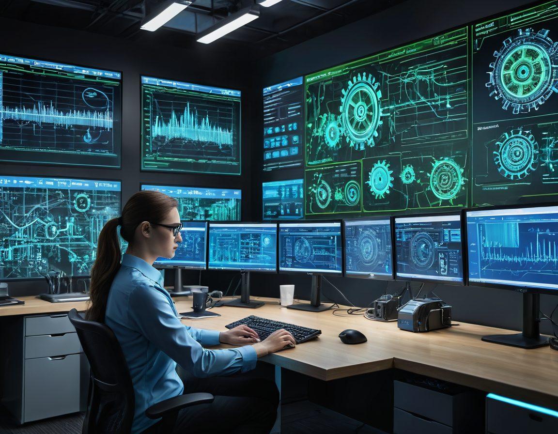 A digital workspace showcasing a technician optimizing IT services, surrounded by screens displaying analytics and maintenance tools, with gears and network lines symbolizing connectivity and efficiency. The scene conveys a sense of professionalism and innovation, with a blue and green color palette to represent technology. The background includes subtle digital elements like circuit patterns. super-realistic. vibrant colors.