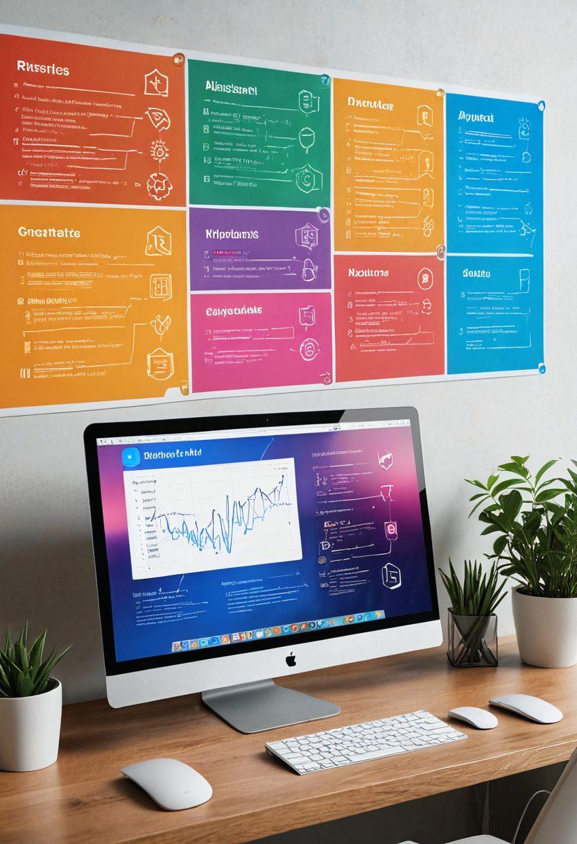 An organized workspace showcasing a computer screen displaying a flowchart of application updates and system upgrades. Include visual icons representing smooth transitions, gears, and checkmarks. The background features a vibrant tech-inspired aesthetic with abstract circuit patterns. Emphasize a sense of efficiency and clarity in the design. super-realistic. vibrant colors. high-tech.