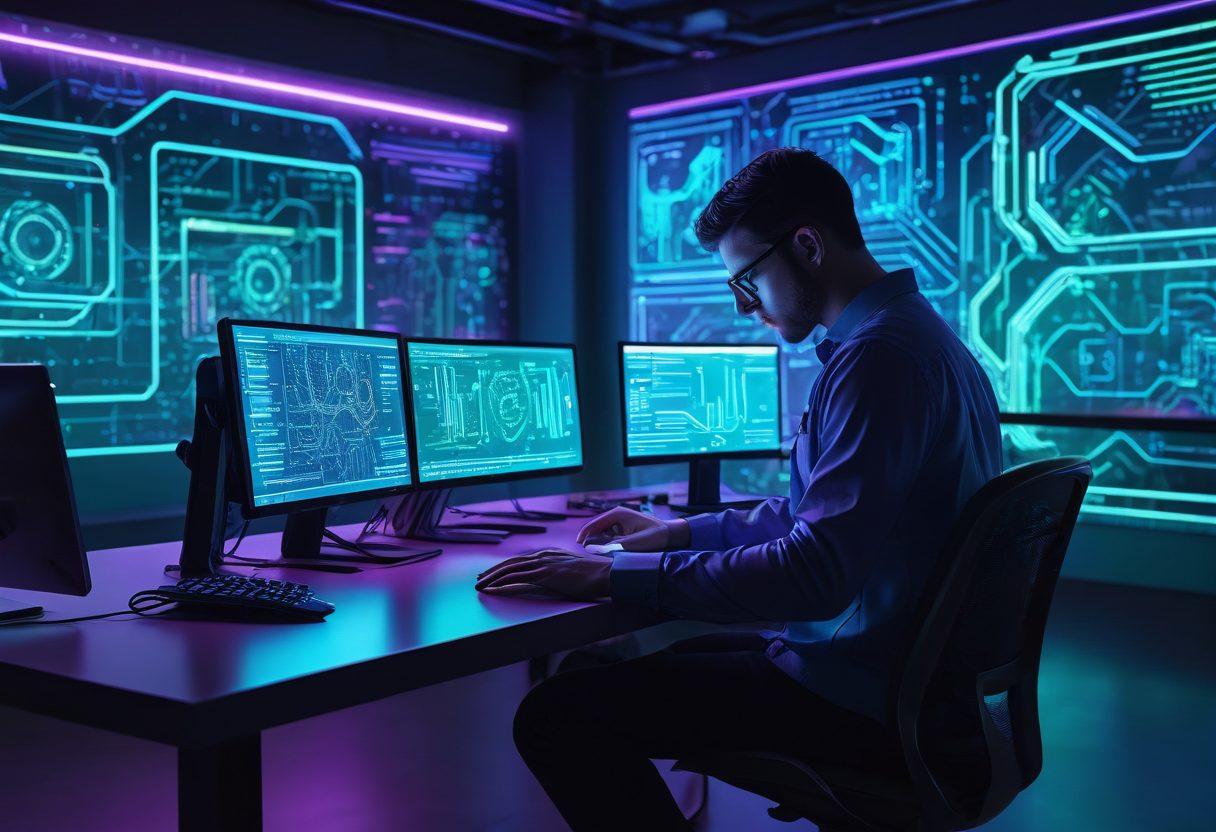 A futuristic workspace with multiple screens displaying code and system updates, a person in a tech-savvy outfit focused on a digital tablet, gears and circuit patterns subtly integrated in the background. Bright neon lights accentuating the setup, symbolizing innovation in software maintenance. super-realistic. vibrant colors. digital art.